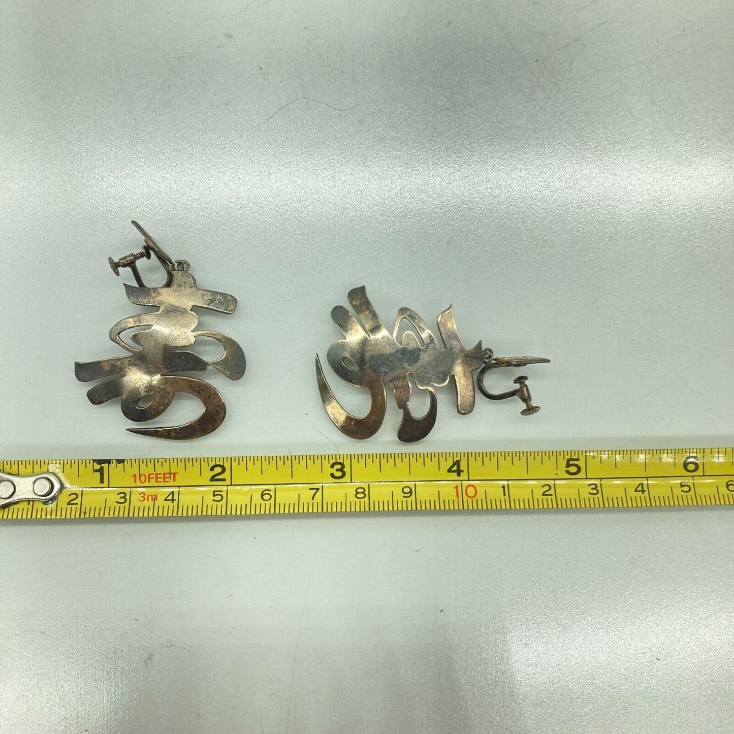 VTG Asian Character 950 Purity Silver Screw Back Earrings Original Hinged Box