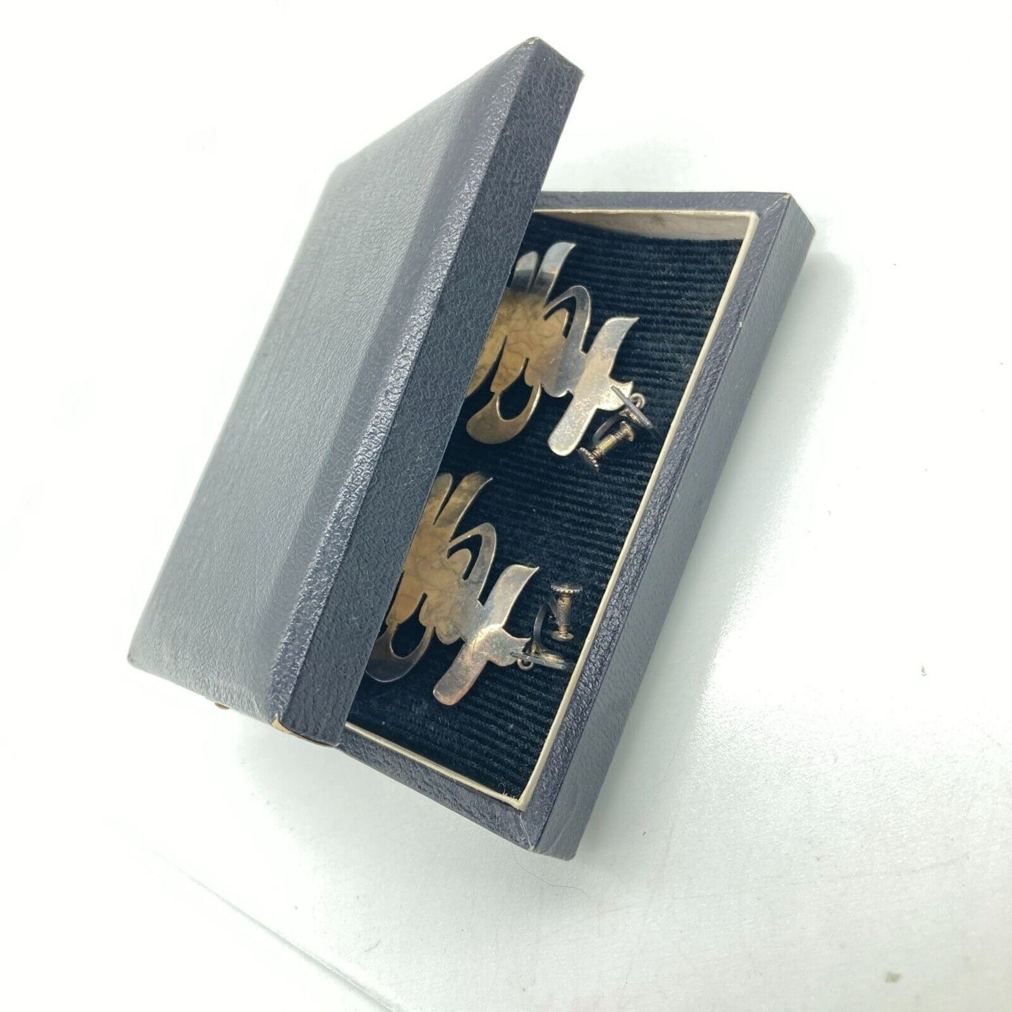 VTG Asian Character 950 Purity Silver Screw Back Earrings Original Hinged Box