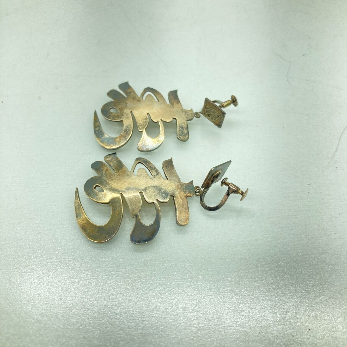 VTG Asian Character 950 Purity Silver Screw Back Earrings Original Hinged Box