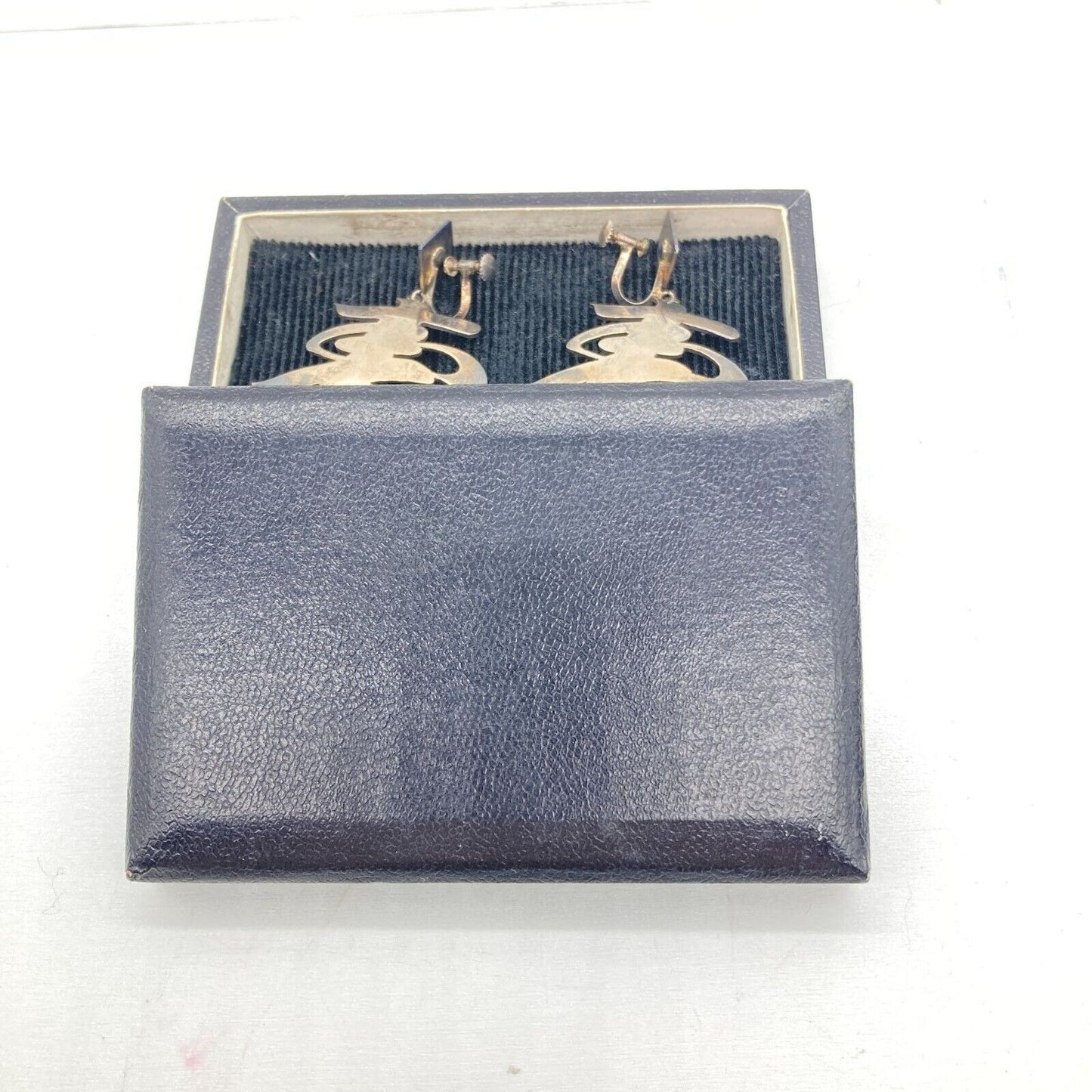 VTG Asian Character 950 Purity Silver Screw Back Earrings Original Hinged Box