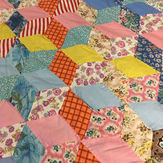 Vintage Hand-Sewn Tumbling Star Blocks Optical Illusion Quilt 94"L x 78"W Queen Blue Floral Estate