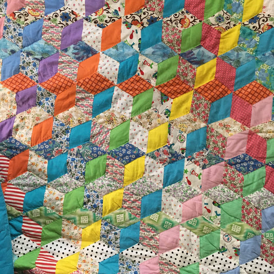 Vintage Hand-Sewn Tumbling Star Blocks Optical Illusion Quilt 94"L x 78"W Queen Blue Floral Estate