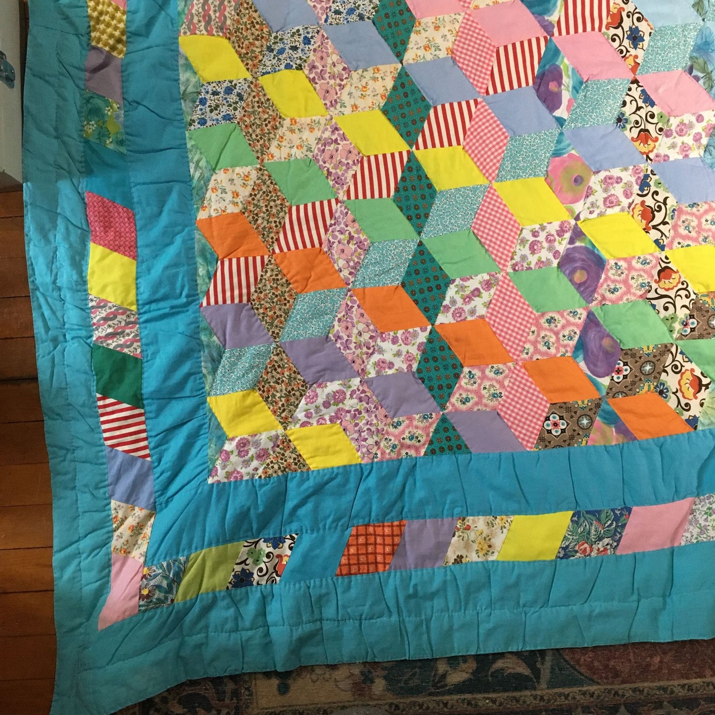 Vintage Hand-Sewn Tumbling Star Blocks Optical Illusion Quilt 94"L x 78"W Queen Blue Floral Estate