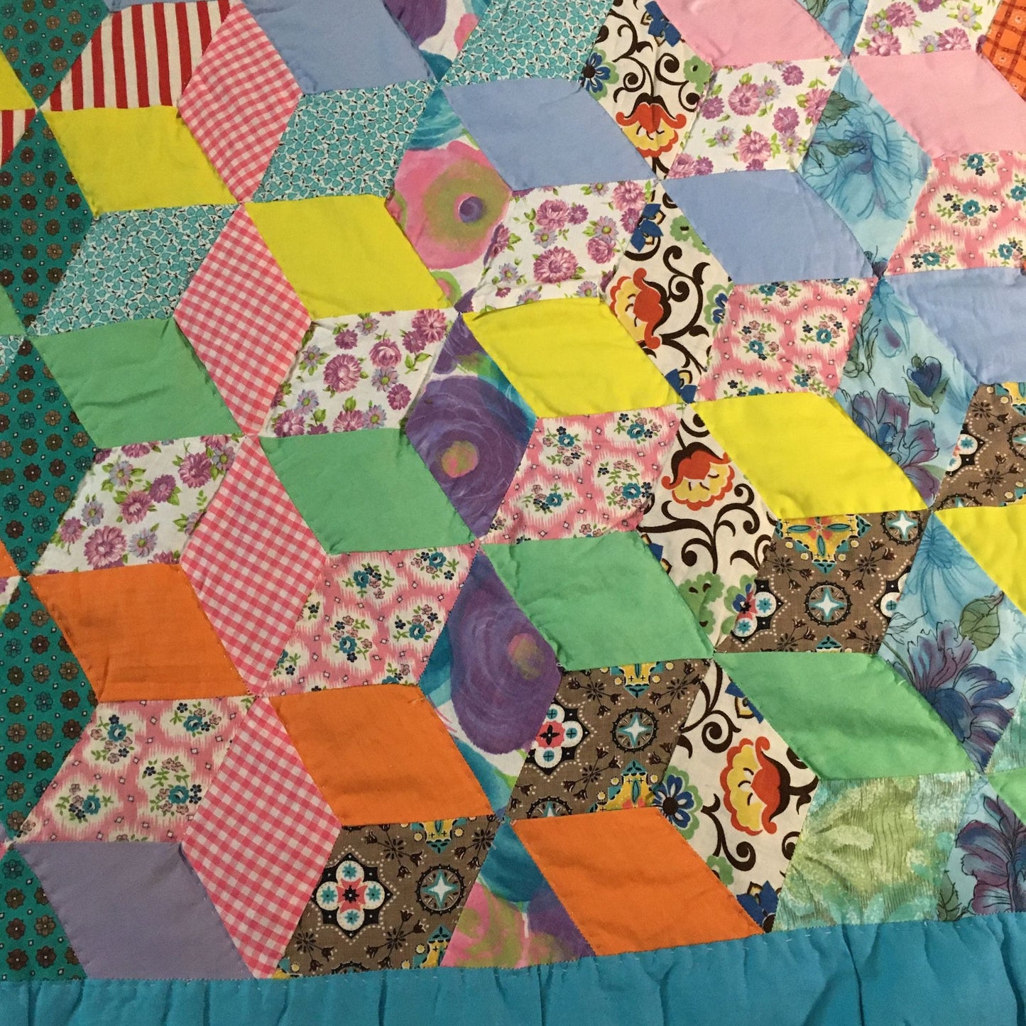 Vintage Hand-Sewn Tumbling Star Blocks Optical Illusion Quilt 94"L x 78"W Queen Blue Floral Estate