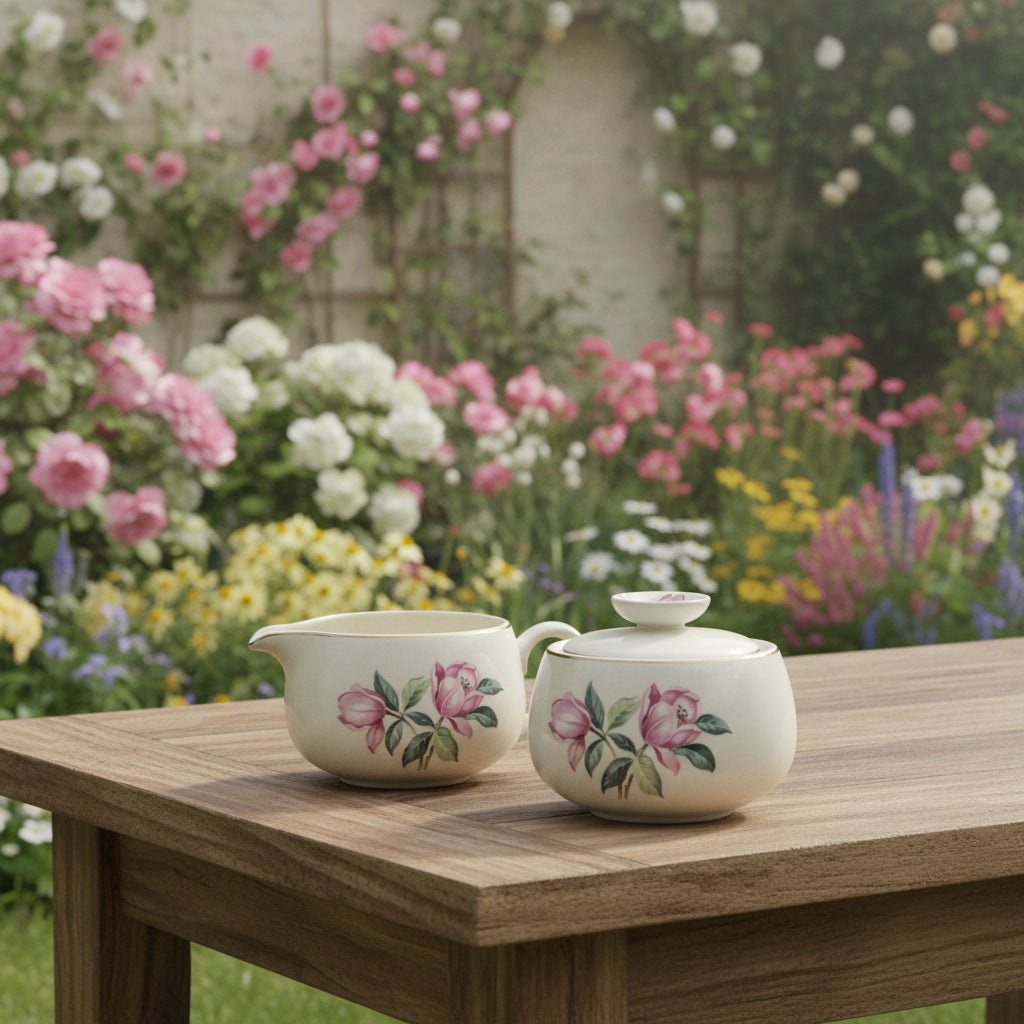 Floral Cream & Sugar set on a wooden table in a cottage garden