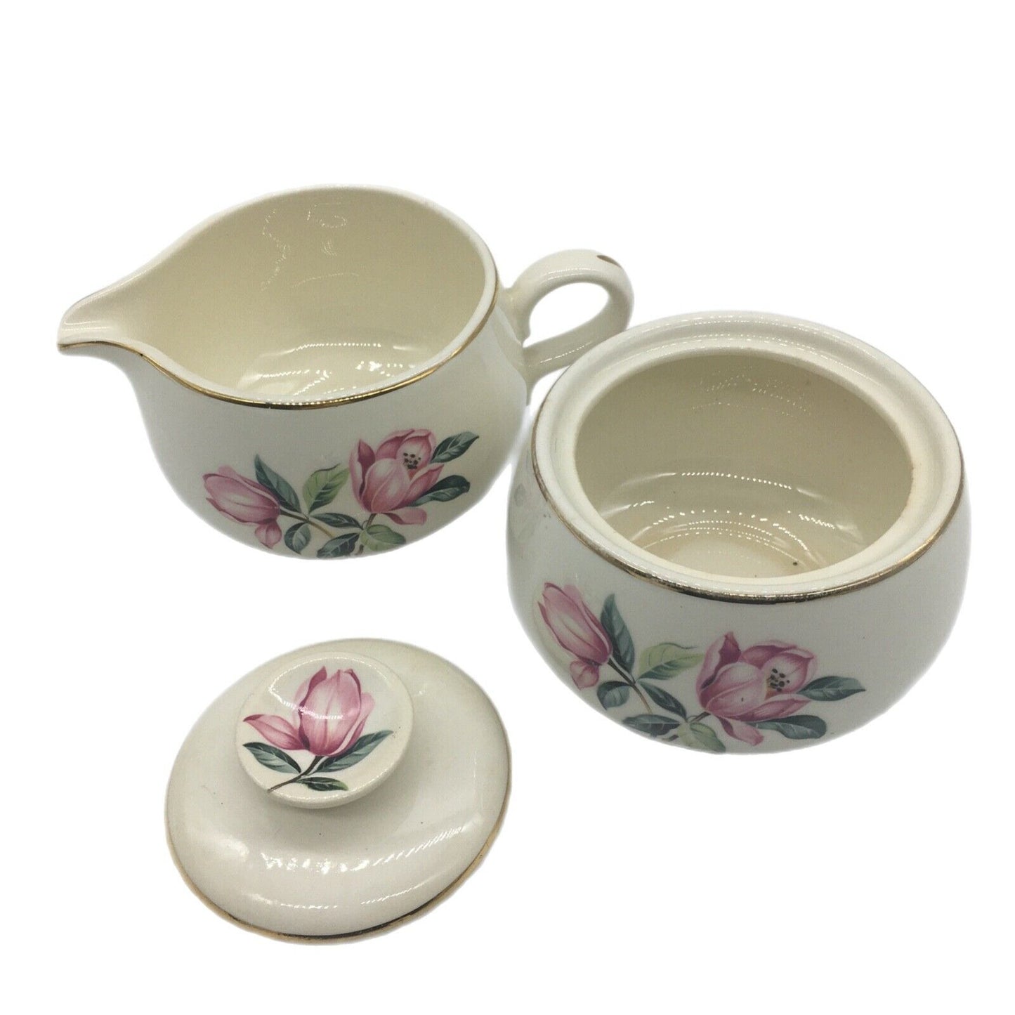 Vintage Homer Laughlin 50s Rhythm Pink Magnolia Pattern Cream Sugar Set Cottage