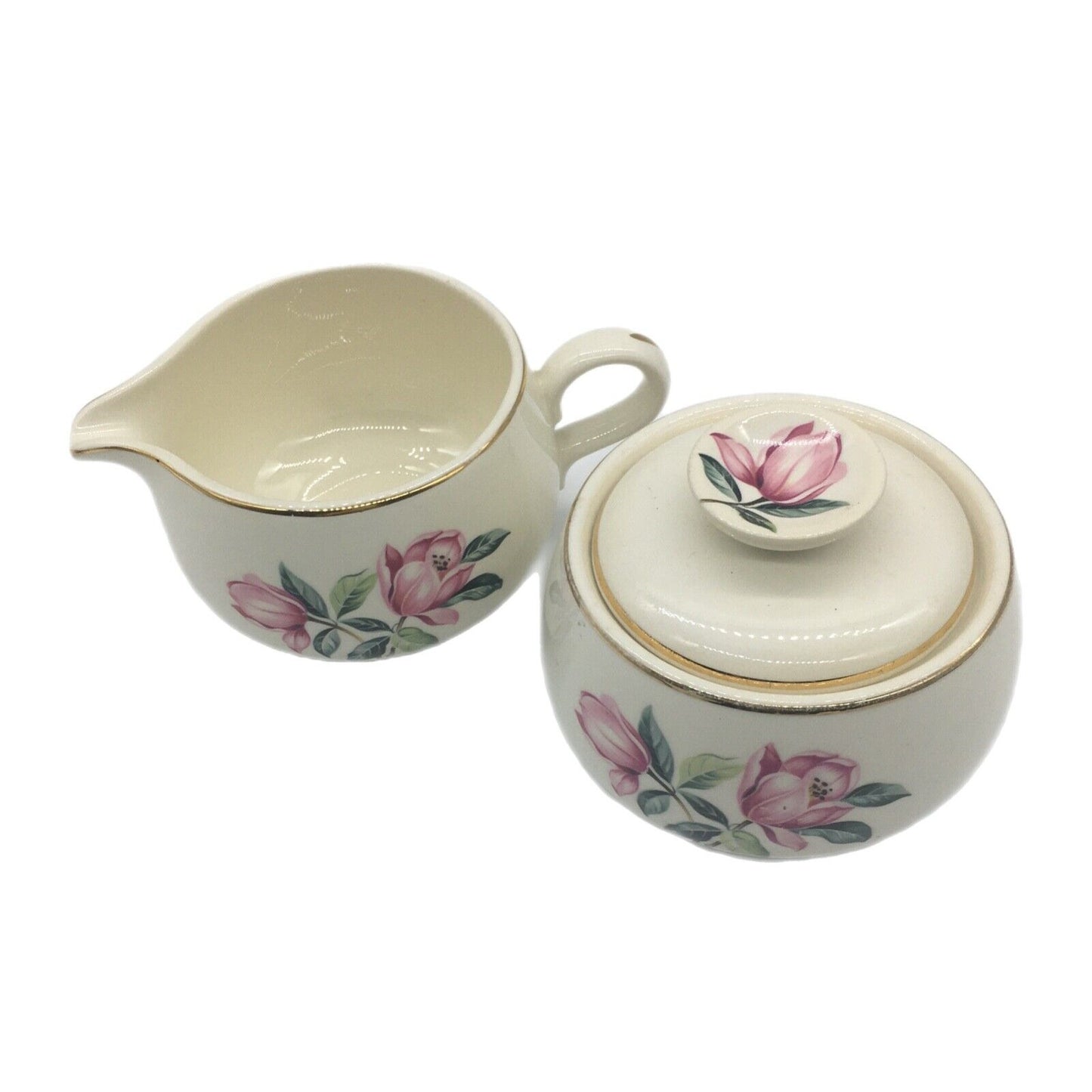 Vintage Homer Laughlin 50s Rhythm Pink Magnolia Pattern Cream Sugar Set Cottage