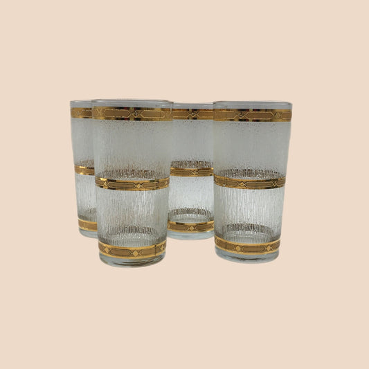 Mid Century Modern Culver Set of 4 Highball Glasses, Icicle Pattern 22K Gold Trim, MCM Culver Glassware, Culver Tumbler, MCM Barware, 1960s