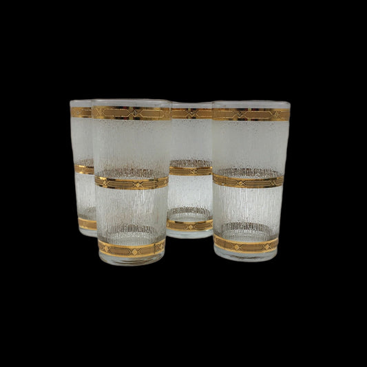 Mid Century Modern Culver Set of 4 Highball Glasses, Icicle Pattern 22K Gold Trim, MCM Culver Glassware, Culver Tumbler, MCM Barware, 1960s