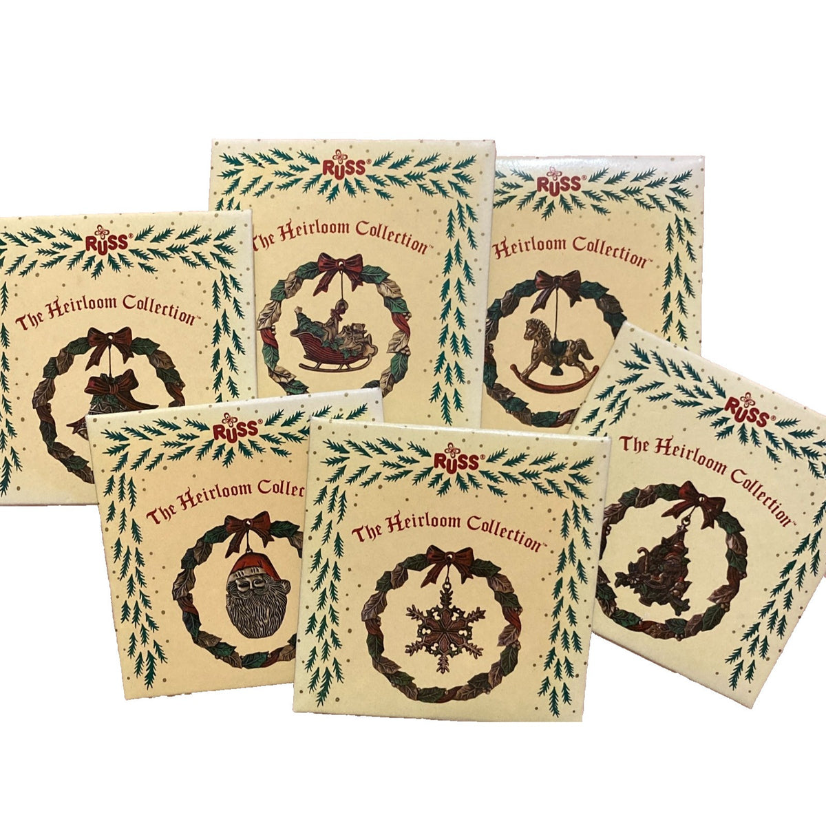 Russ The Heirloom Collection Set 6 Pewter Painted Red Green Gold Original Packed