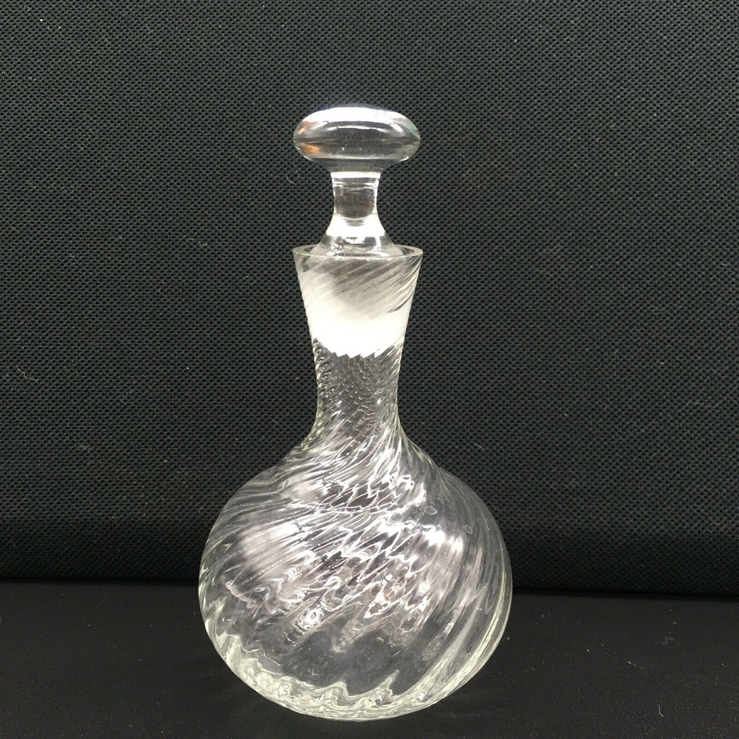 Handblown Swirl Glass Vanity Bottle Small Stopper Clear Ribbed Boudoir Bathroom
