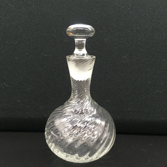 Handblown Swirl Glass Vanity Bottle Small Stopper Clear Ribbed Boudoir Bathroom