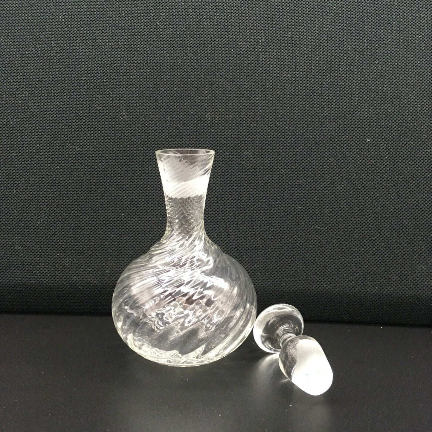 Handblown Swirl Glass Vanity Bottle Small Stopper Clear Ribbed Boudoir Bathroom