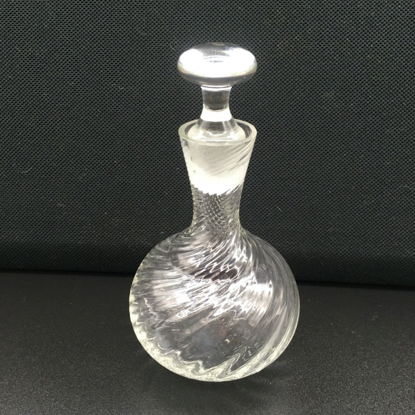 Handblown Swirl Glass Vanity Bottle Small Stopper Clear Ribbed Boudoir Bathroom