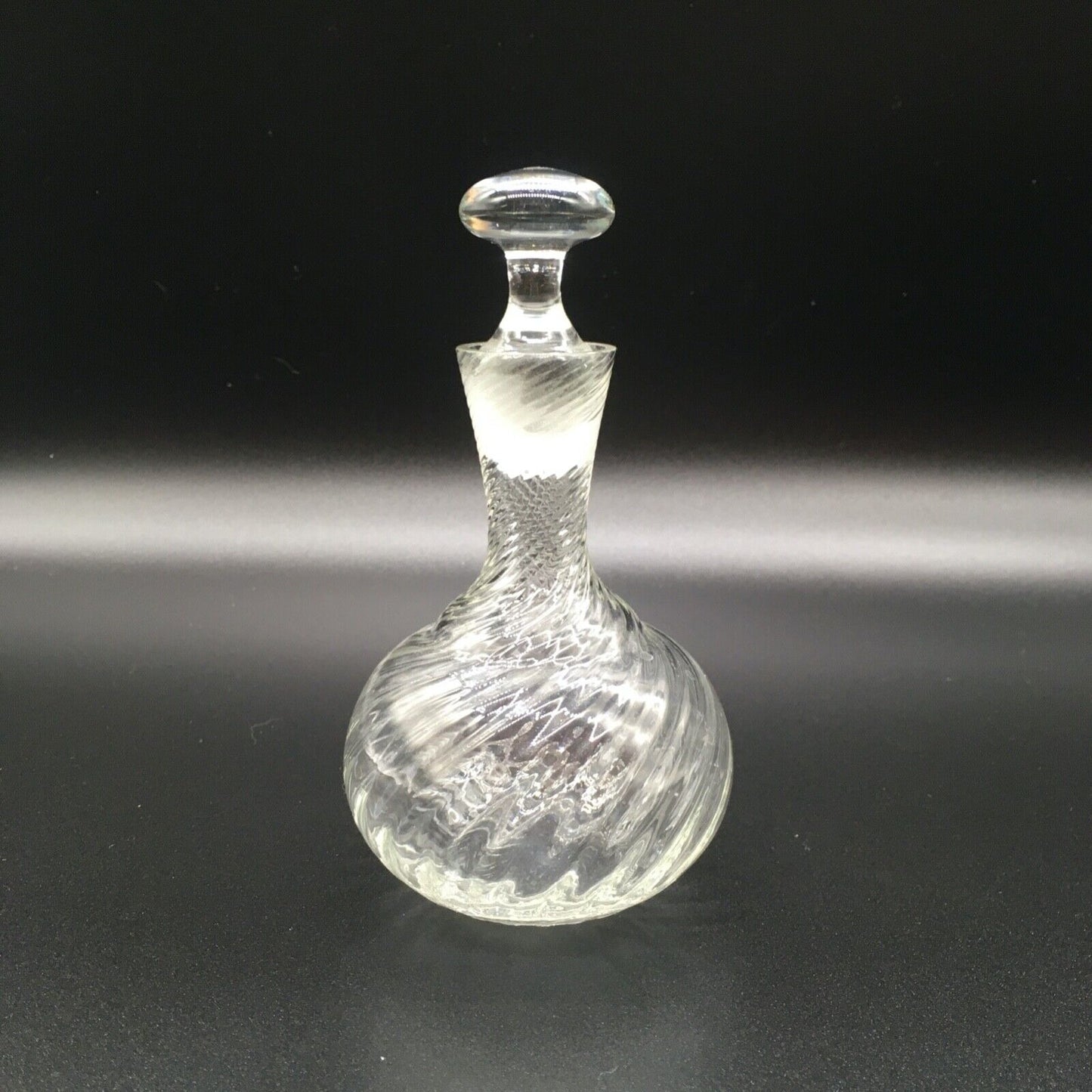 Handblown Swirl Glass Vanity Bottle Small Stopper Clear Ribbed Boudoir Bathroom