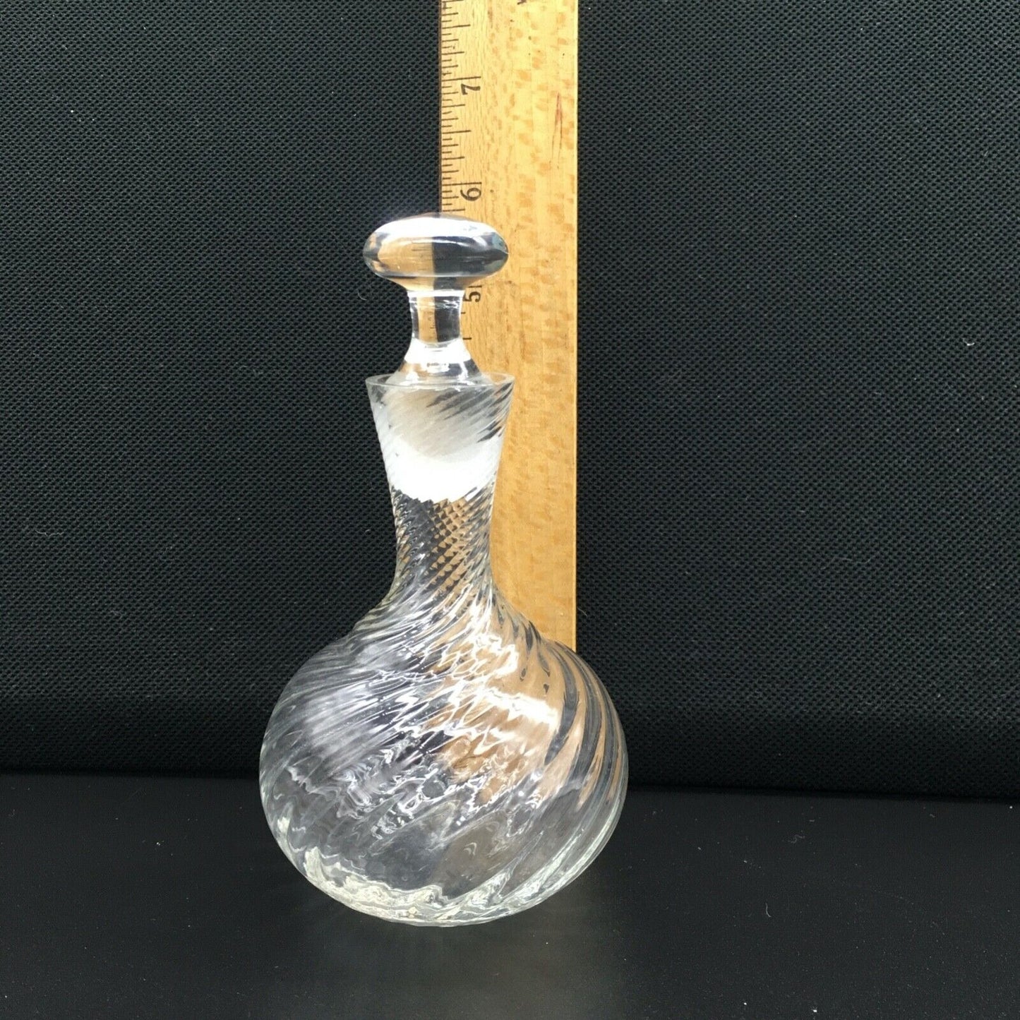 Handblown Swirl Glass Vanity Bottle Small Stopper Clear Ribbed Boudoir Bathroom