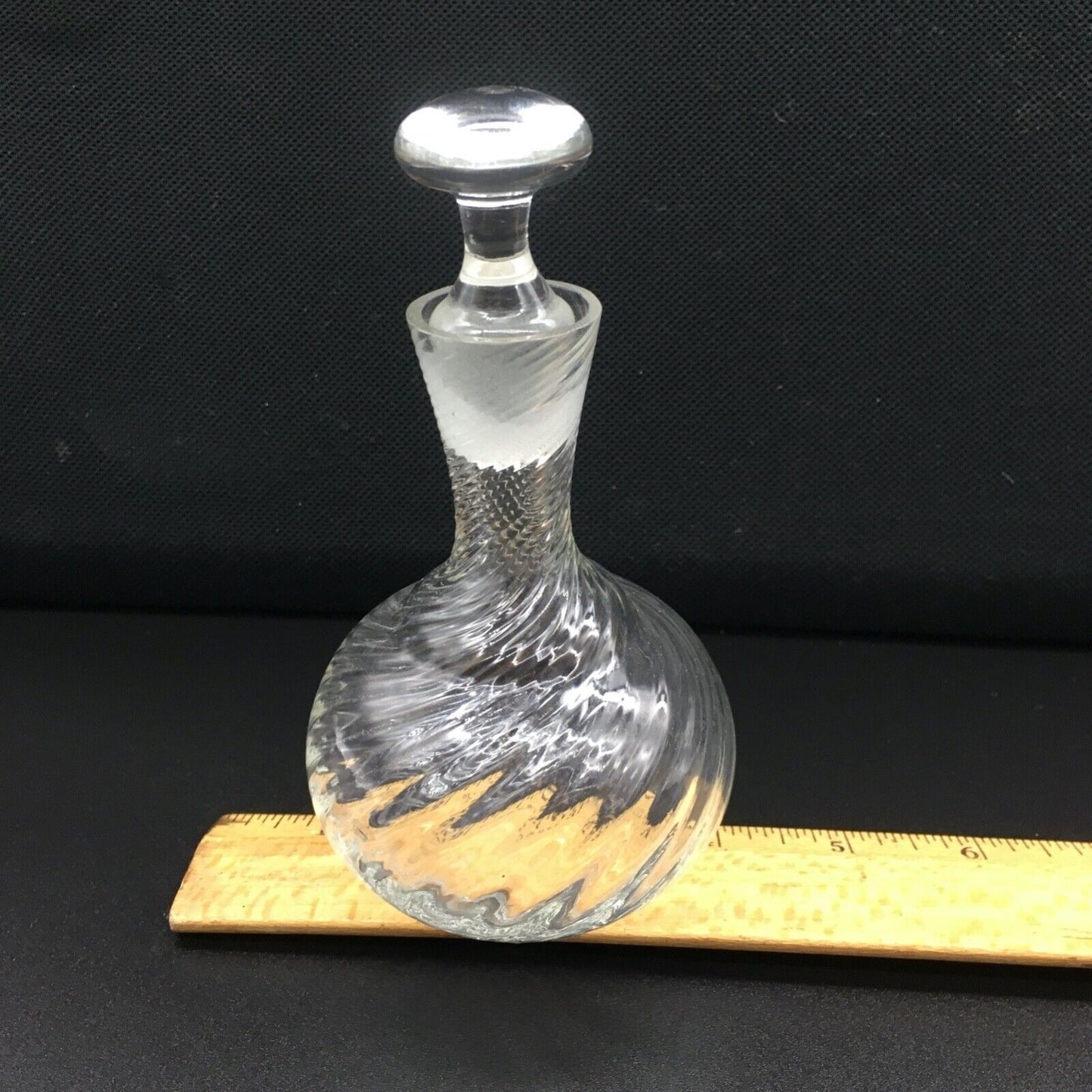 Handblown Swirl Glass Vanity Bottle Small Stopper Clear Ribbed Boudoir Bathroom