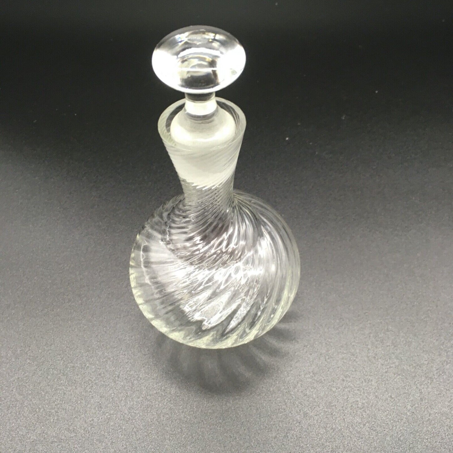 Handblown Swirl Glass Vanity Bottle Small Stopper Clear Ribbed Boudoir Bathroom