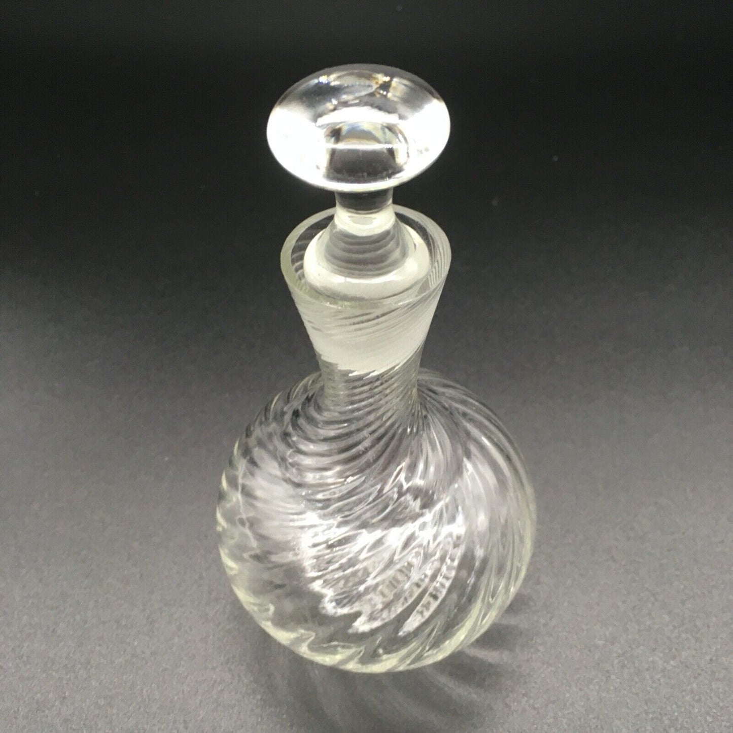 Handblown Swirl Glass Vanity Bottle Small Stopper Clear Ribbed Boudoir Bathroom