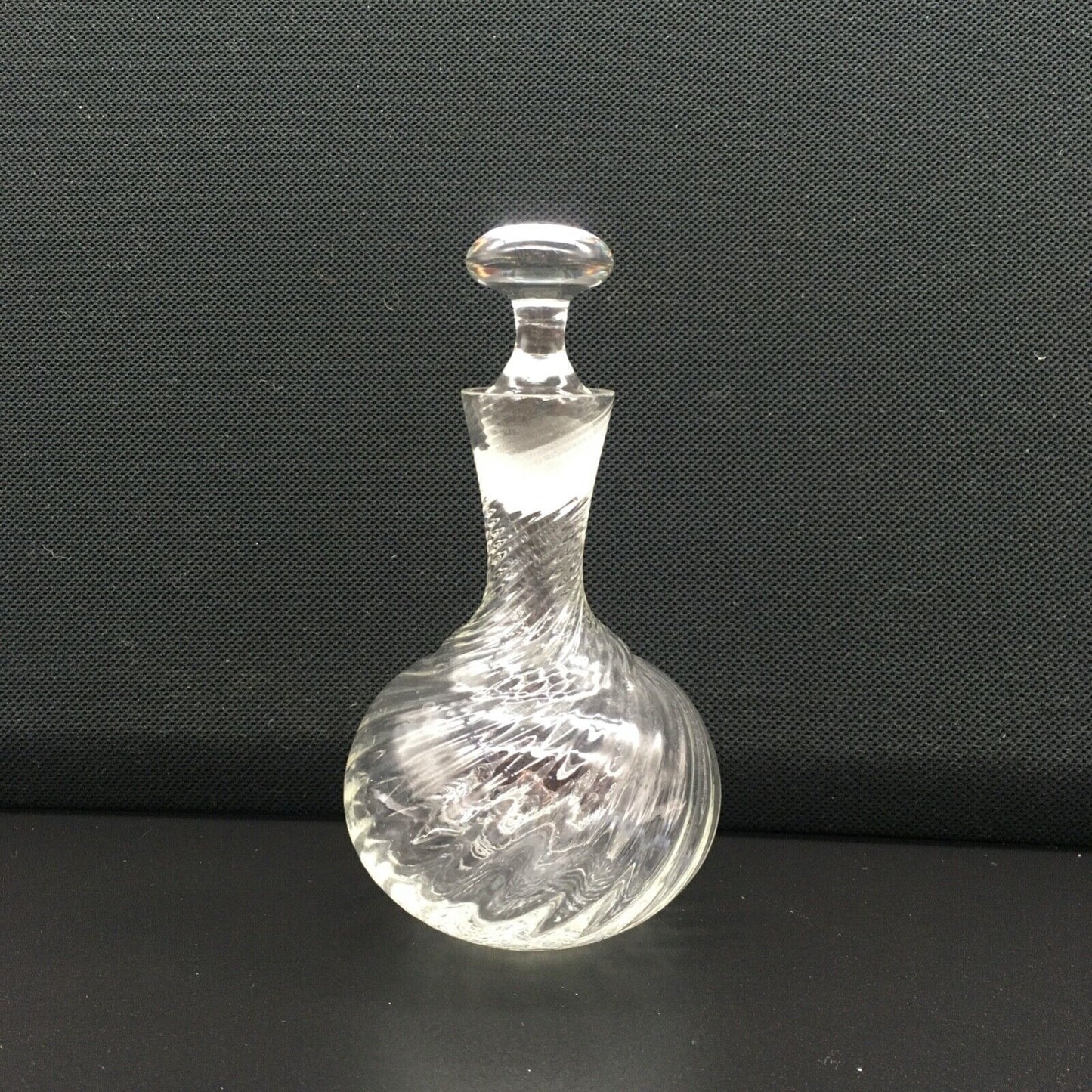 Handblown Swirl Glass Vanity Bottle Small Stopper Clear Ribbed Boudoir Bathroom
