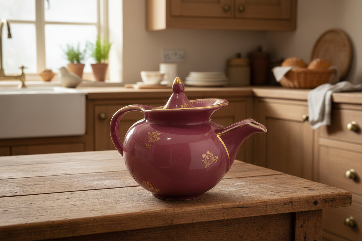 Pink teapot with gold accents on a white background