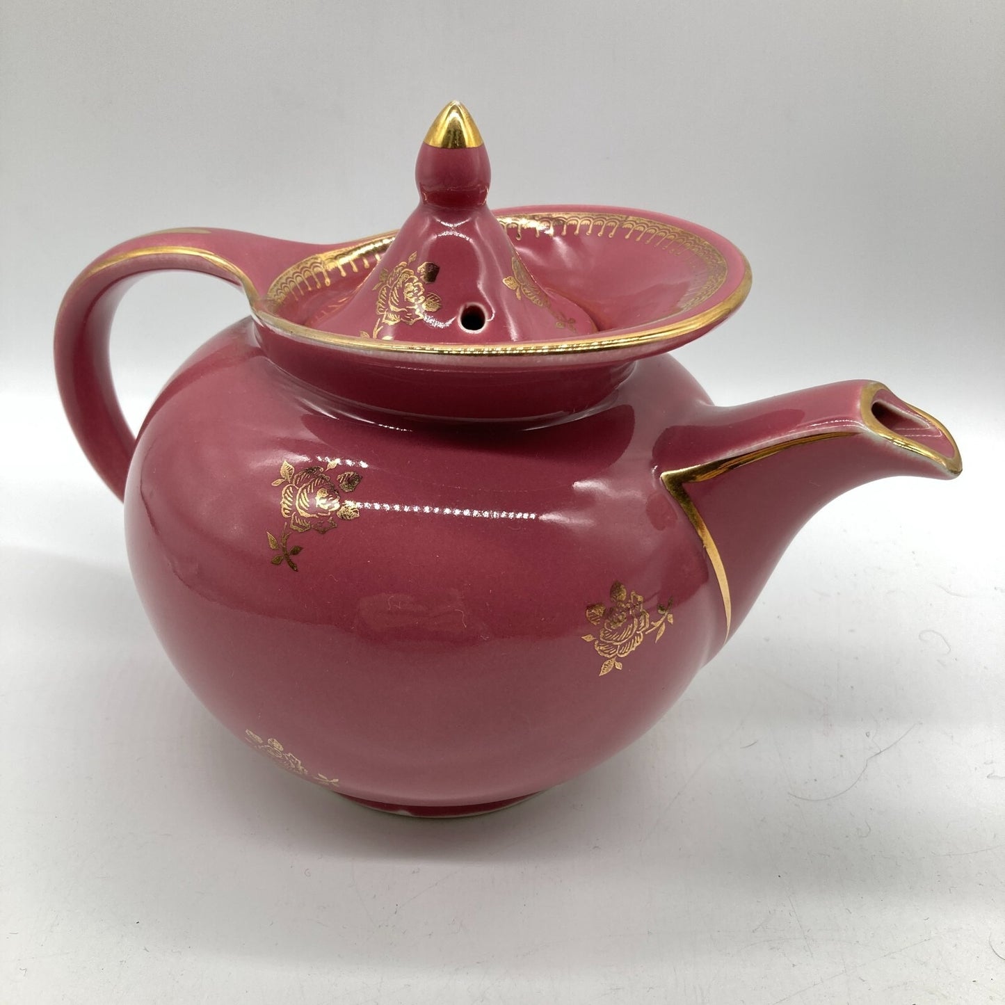 Hall Pottery Teapot 6 Cup USA Deep Pink Gold Roses Trim Windshield Clean Cottage