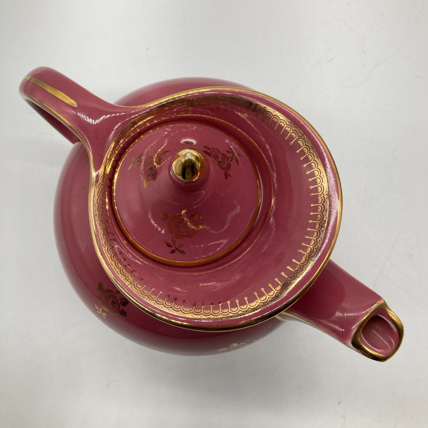 Hall Pottery Teapot 6 Cup USA Deep Pink Gold Roses Trim Windshield Clean Cottage
