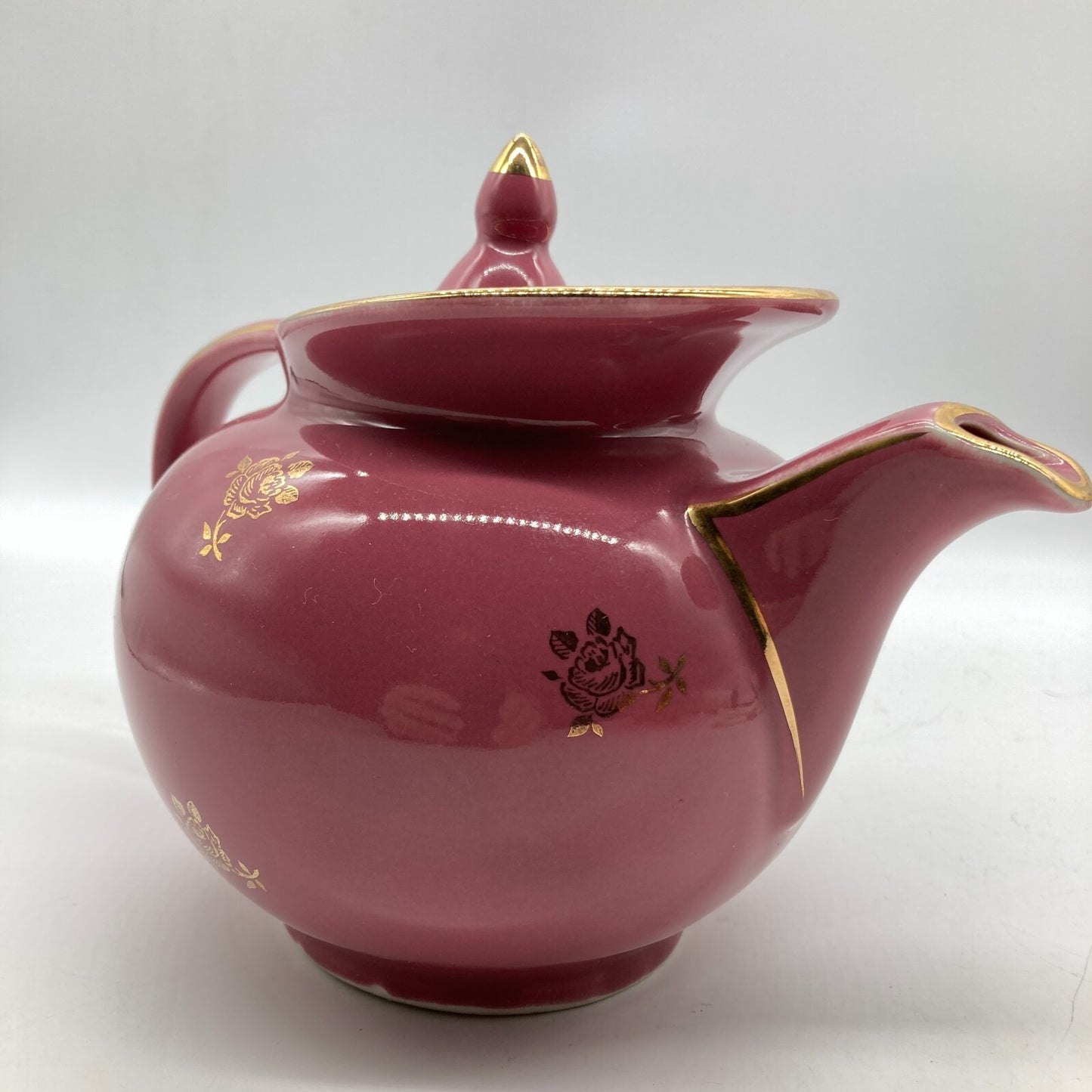 Hall Pottery Teapot 6 Cup USA Deep Pink Gold Roses Trim Windshield Clean Cottage