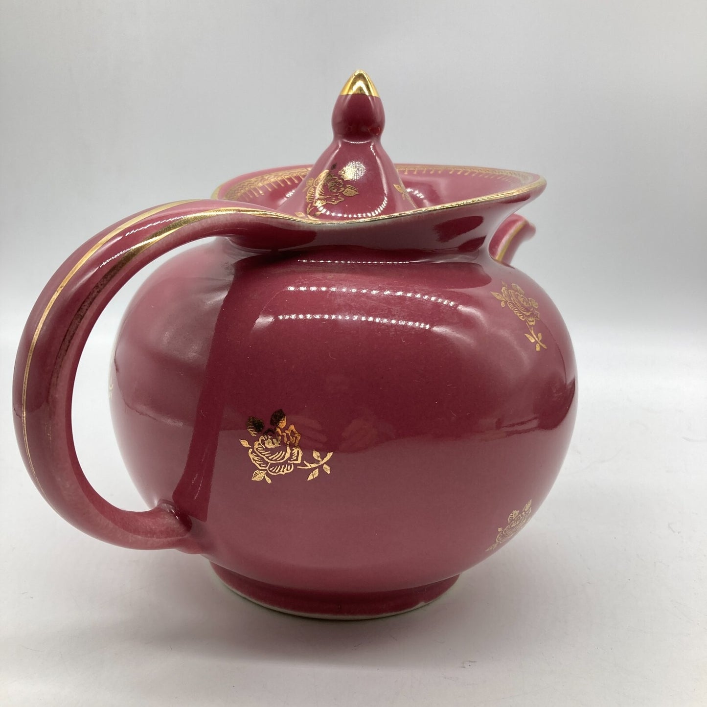 Hall Pottery Teapot 6 Cup USA Deep Pink Gold Roses Trim Windshield Clean Cottage