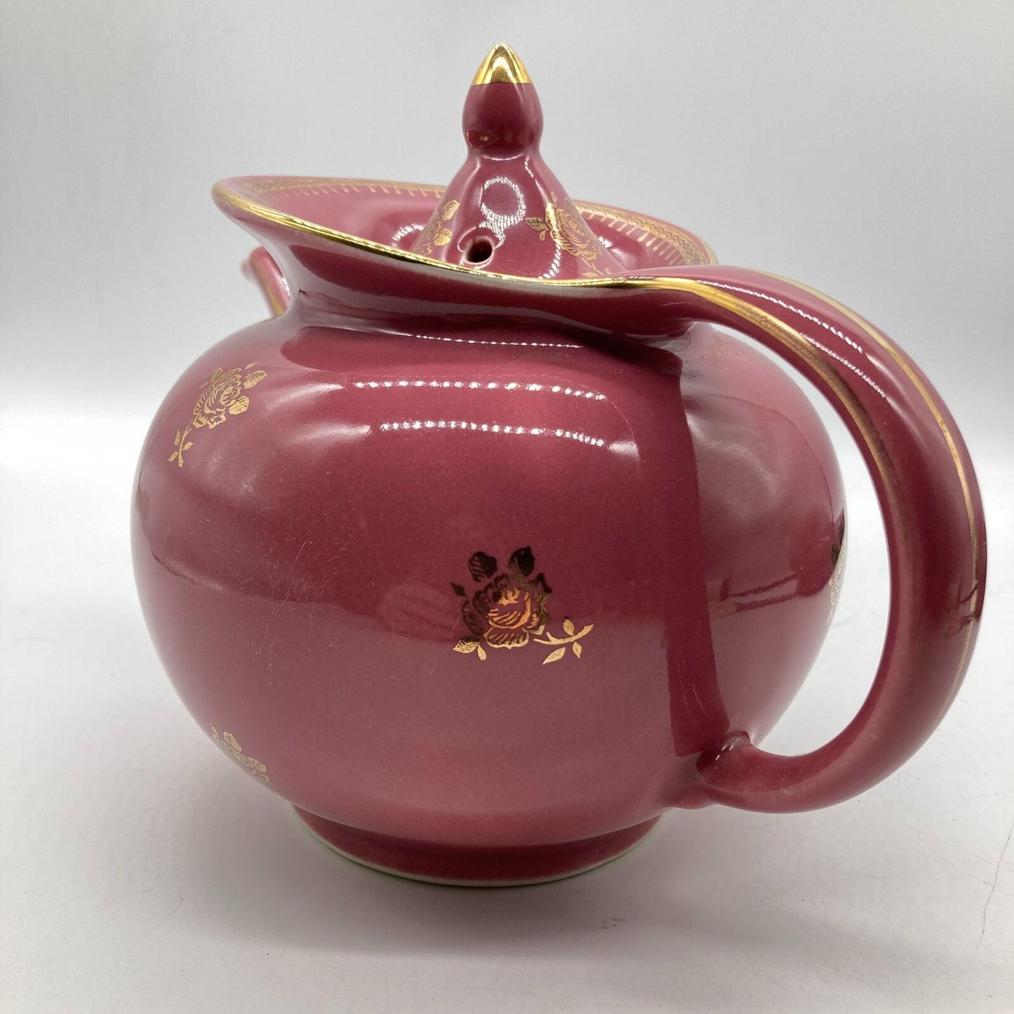Hall Pottery Teapot 6 Cup USA Deep Pink Gold Roses Trim Windshield Clean Cottage