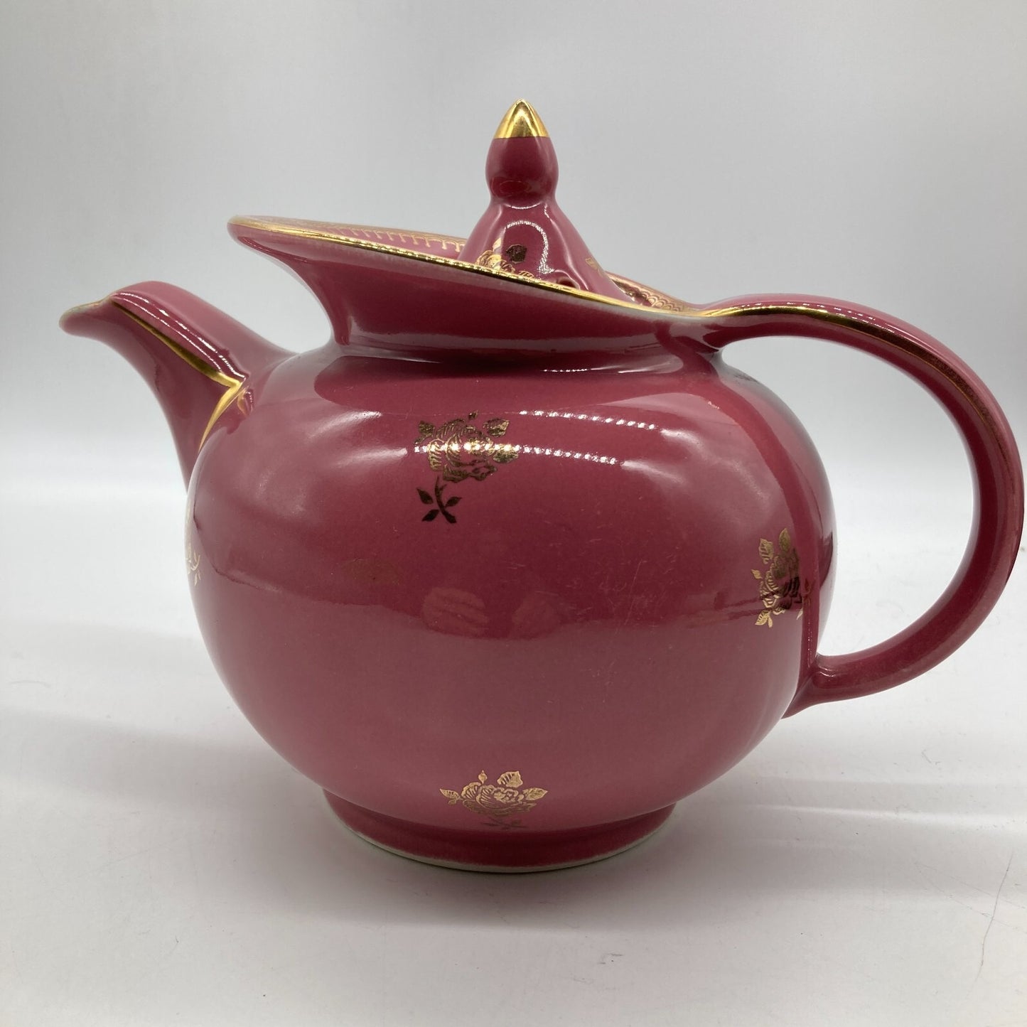 Hall Pottery Teapot 6 Cup USA Deep Pink Gold Roses Trim Windshield Clean Cottage