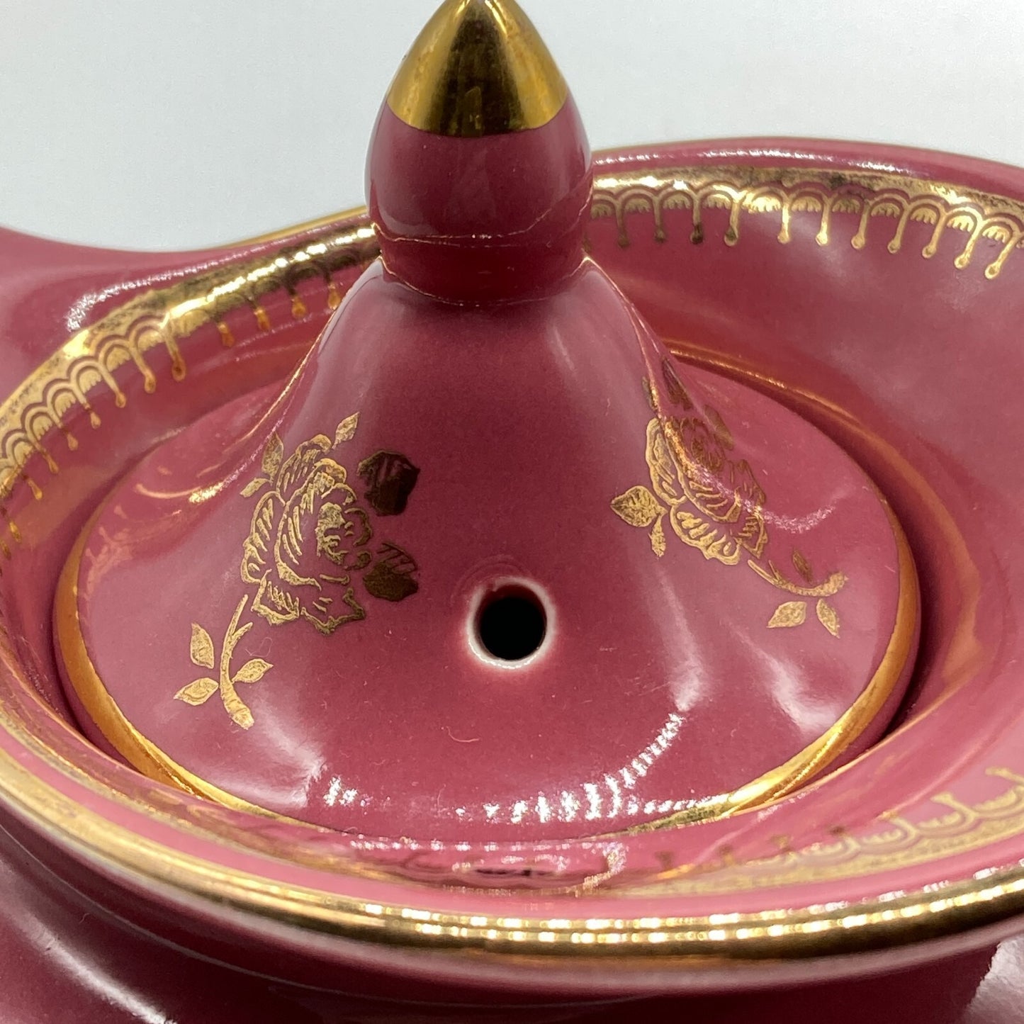 Hall Pottery Teapot 6 Cup USA Deep Pink Gold Roses Trim Windshield Clean Cottage