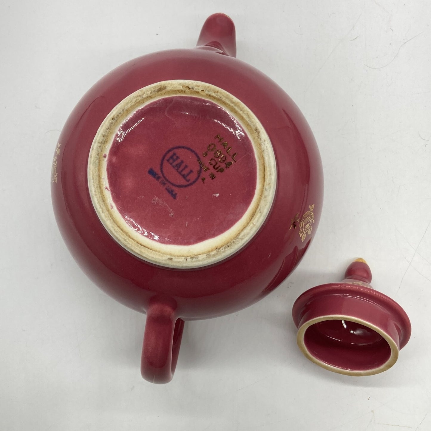 Hall Pottery Teapot 6 Cup USA Deep Pink Gold Roses Trim Windshield Clean Cottage