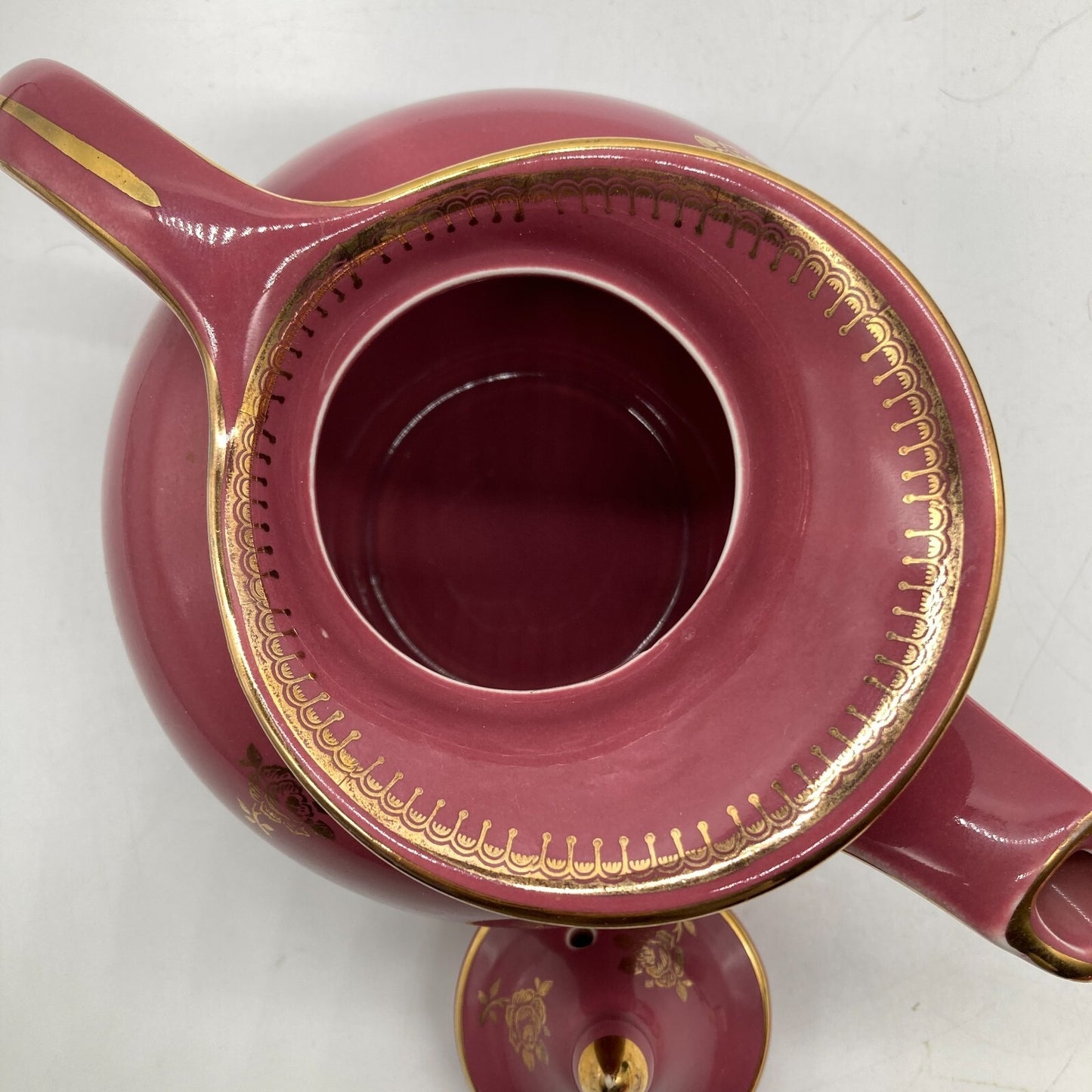 Hall Pottery Teapot 6 Cup USA Deep Pink Gold Roses Trim Windshield Clean Cottage