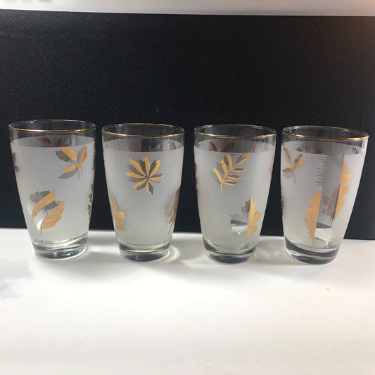 Libbey Gold Trim Frosted Gold Leaf 10 oz Set of 4 Glasses Vintage MCM Barware