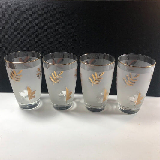 Libbey Gold Trim Frosted Gold Leaf 10 oz Set of 4 Glasses Vintage MCM Barware
