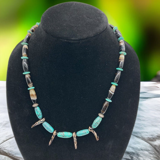 Vintage Bear Tooth 10.5" Necklace Turquoise Sterling Silver Agate Polished Stone