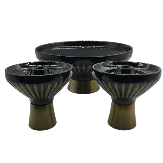 MCM Pedestal Center Bowl With Matching Candle Holders Black Gold Stripe Vintage