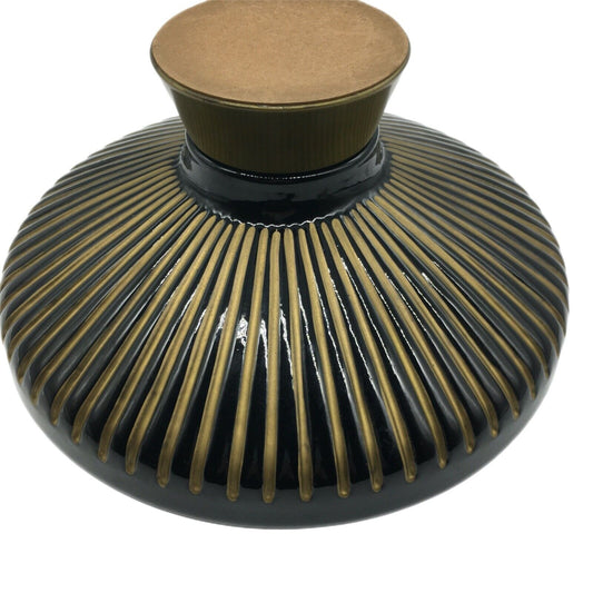 MCM Pedestal Center Bowl With Matching Candle Holders Black Gold Stripe Vintage