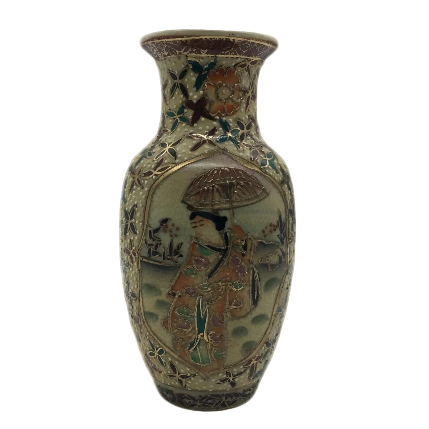 Decorative vase with intricate designs on a white background