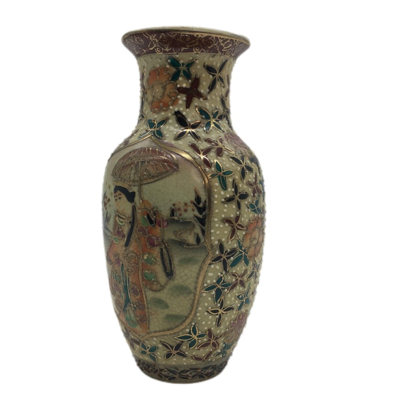 Satsuma Vase HandPainted Moriage White Dot Texture Gold Detail Depict Asian Lady