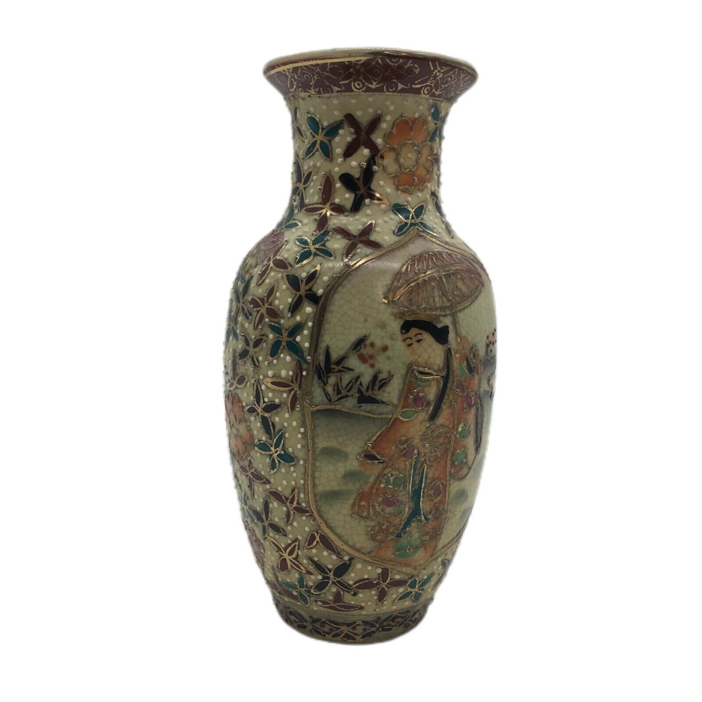 Satsuma Vase HandPainted Moriage White Dot Texture Gold Detail Depict Asian Lady