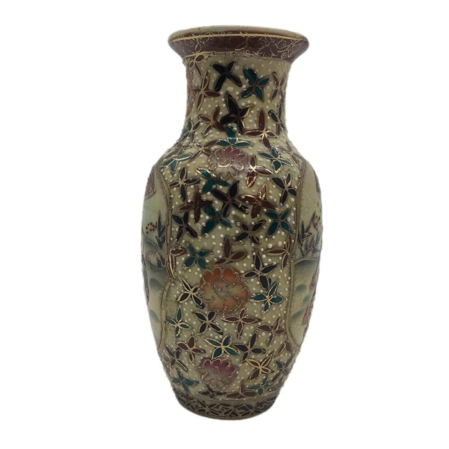 Satsuma Vase HandPainted Moriage White Dot Texture Gold Detail Depict Asian Lady