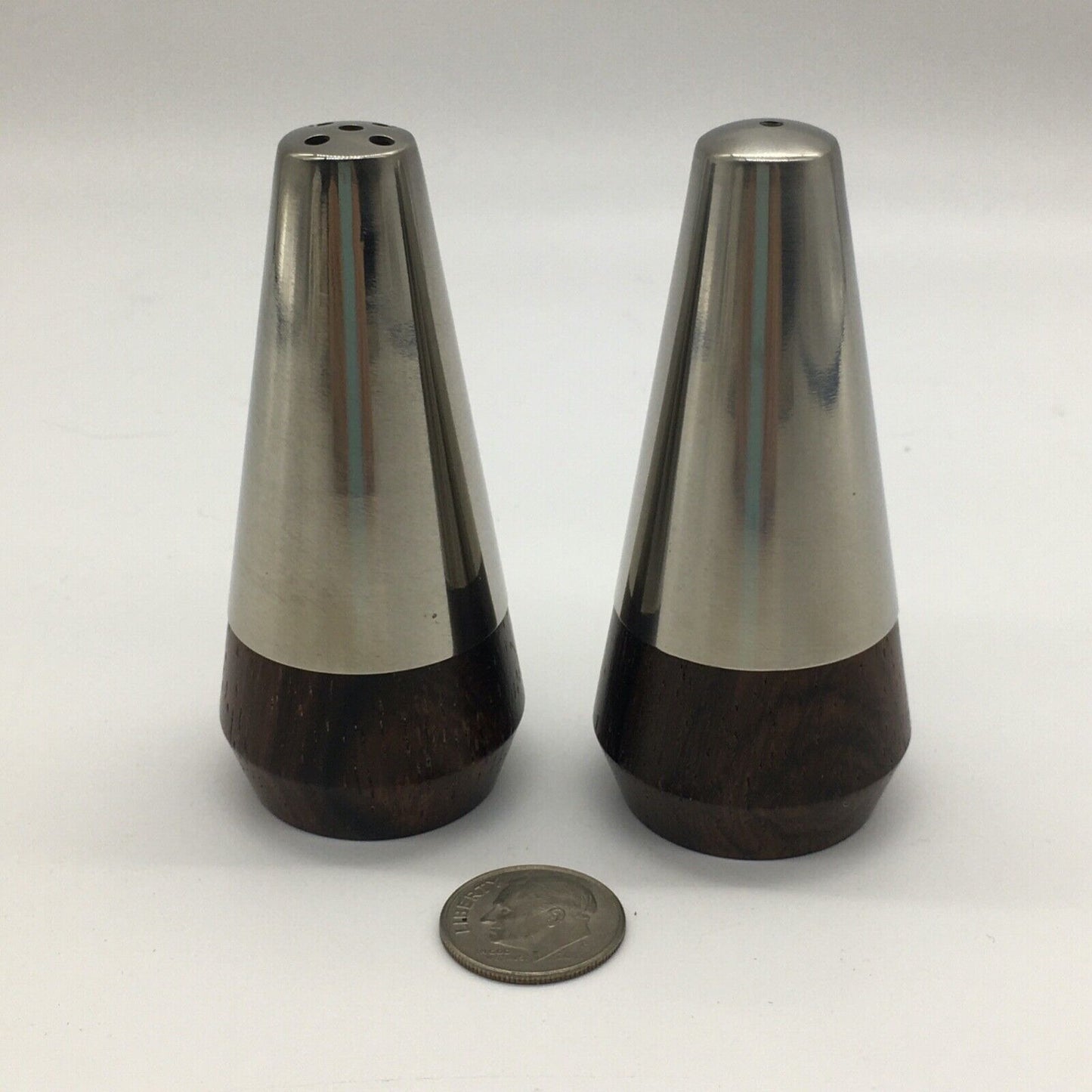A&B Danish Wood Stainless Designer 3" Salt And Pepper Shaker Set 1960's Vintage
