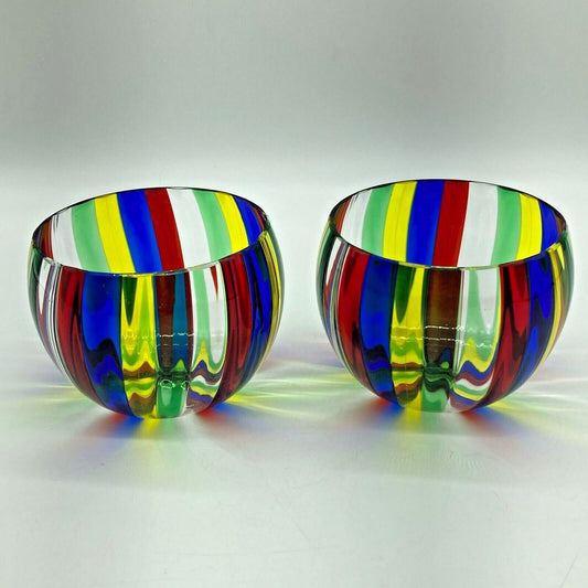 Hand Blown Art Glass Pair 3" Bowls Barware Vintage Unsigned Primary Color Stripe