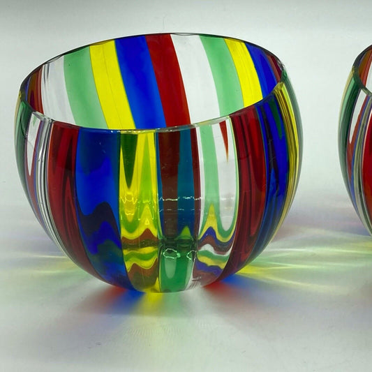 Hand Blown Art Glass Pair 3" Bowls Barware Vintage Unsigned Primary Color Stripe