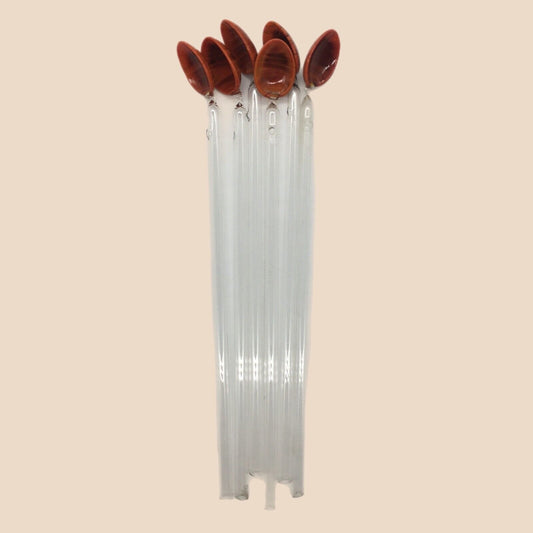Vintage Barware Art Glass Stir Stick Straw Spoon Set of 6 Orange Brown Swirl MCM