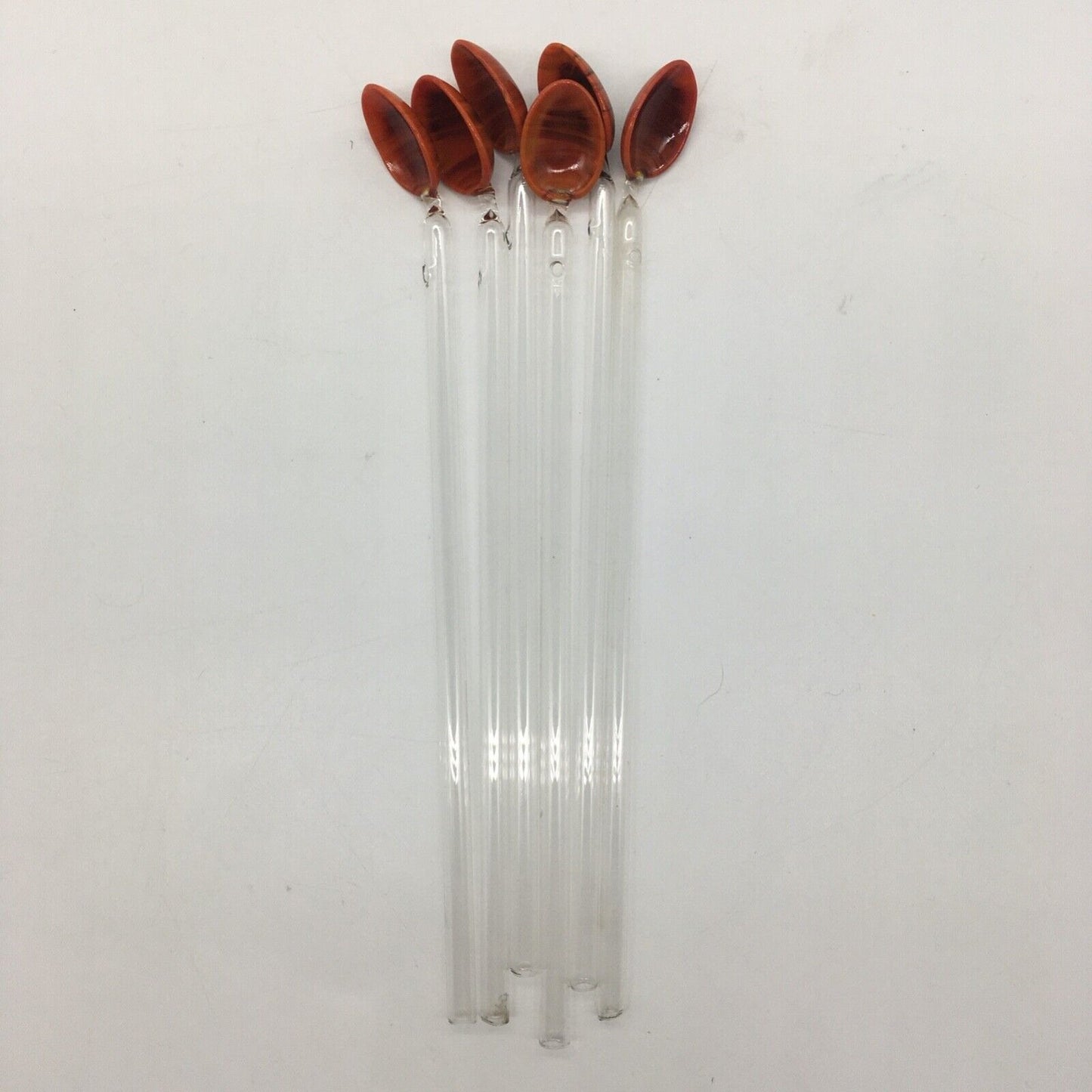Vintage Barware Art Glass Stir Stick Straw Spoon Set of 6 Orange Brown Swirl MCM