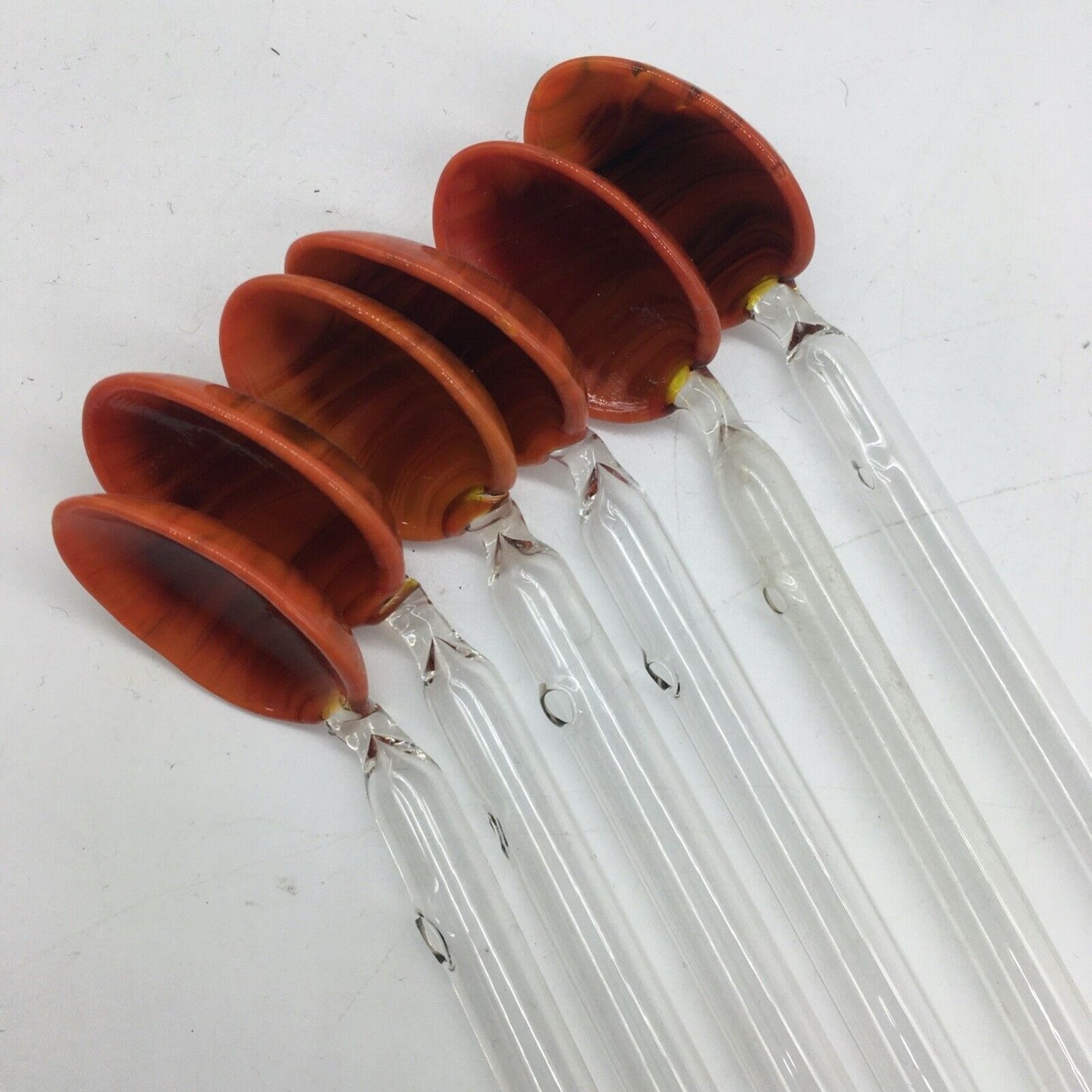 Vintage Barware Art Glass Stir Stick Straw Spoon Set of 6 Orange Brown Swirl MCM