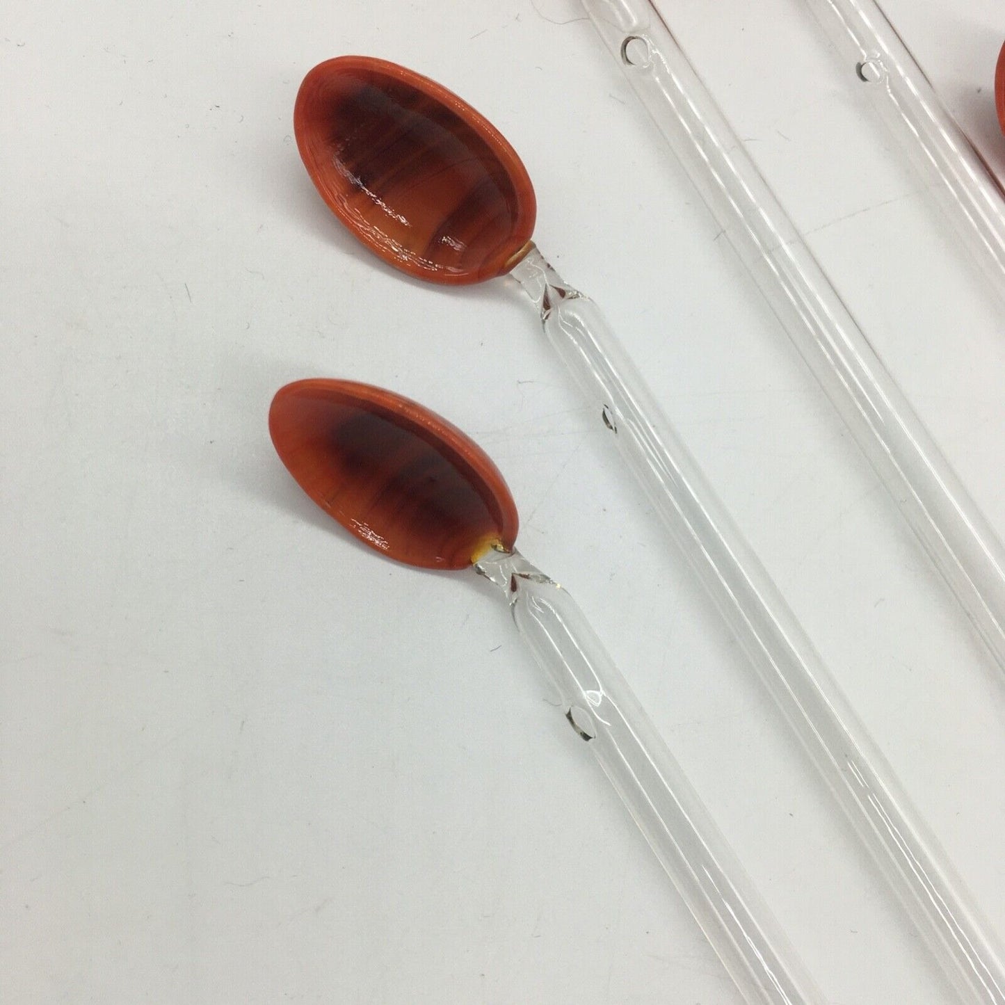 Vintage Barware Art Glass Stir Stick Straw Spoon Set of 6 Orange Brown Swirl MCM